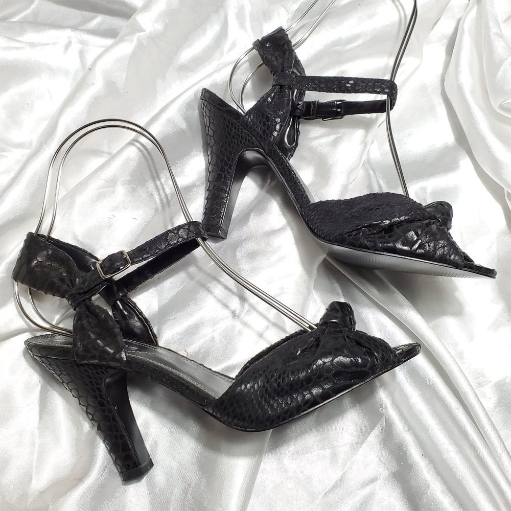 NEW APOSTROPHE black strappy snakeskin print sling back open toe heels MALEK 9 - Picture 4 of 5